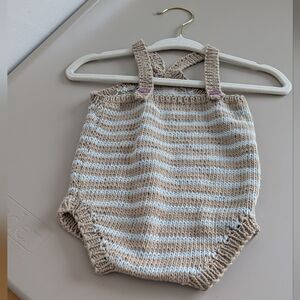 0-3M - Hand Made -  Striped Knit Baby Romper in Beige and Cream -